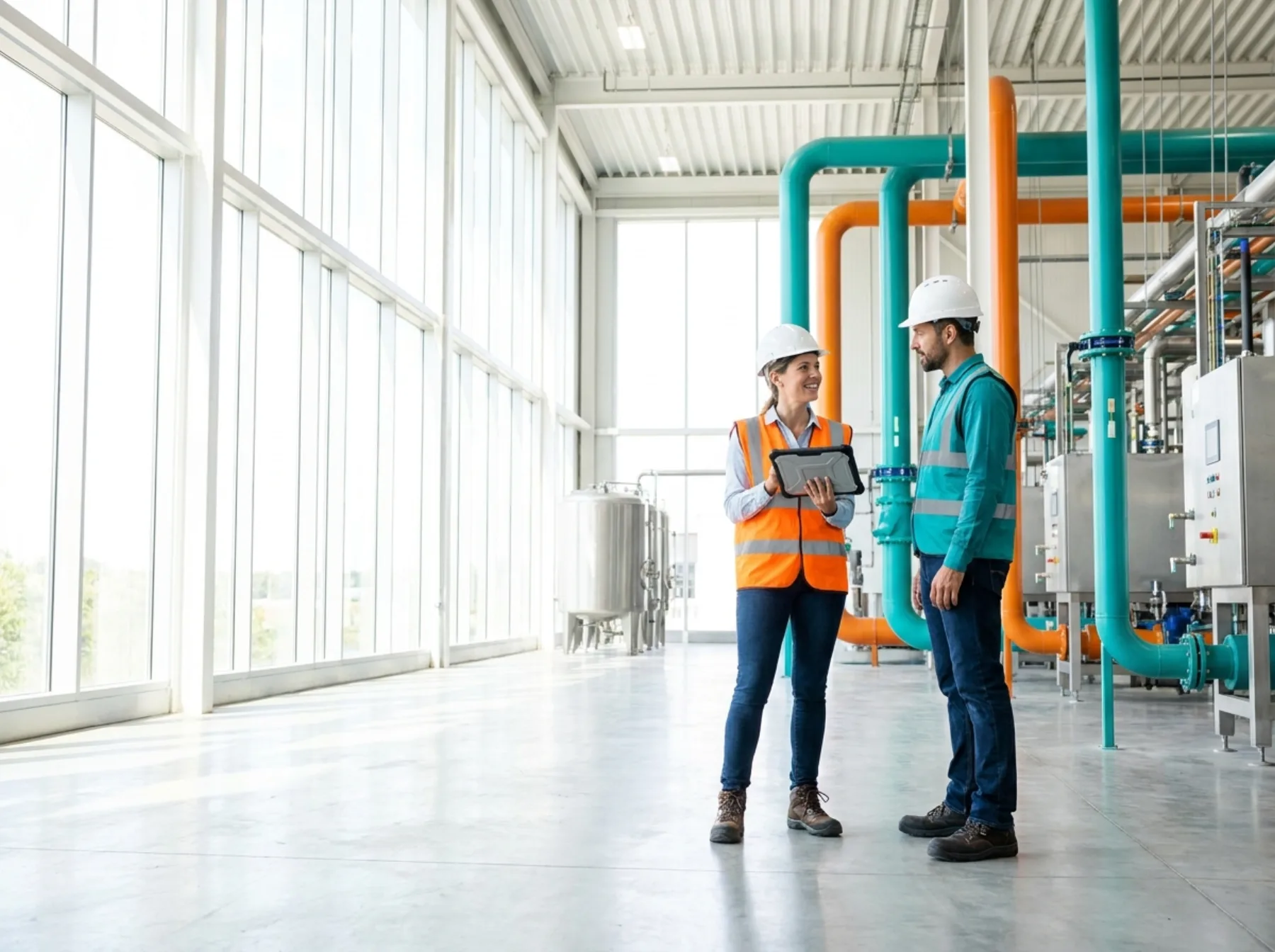 Safety engineers reviewing compliance data on the plant floor