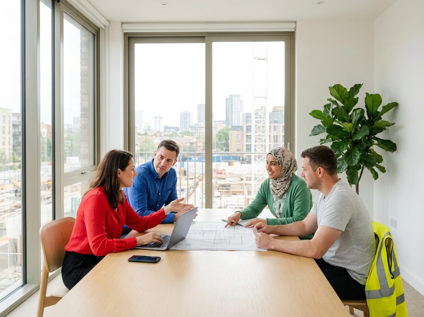 Cross-industry specialists collaborating in a site office